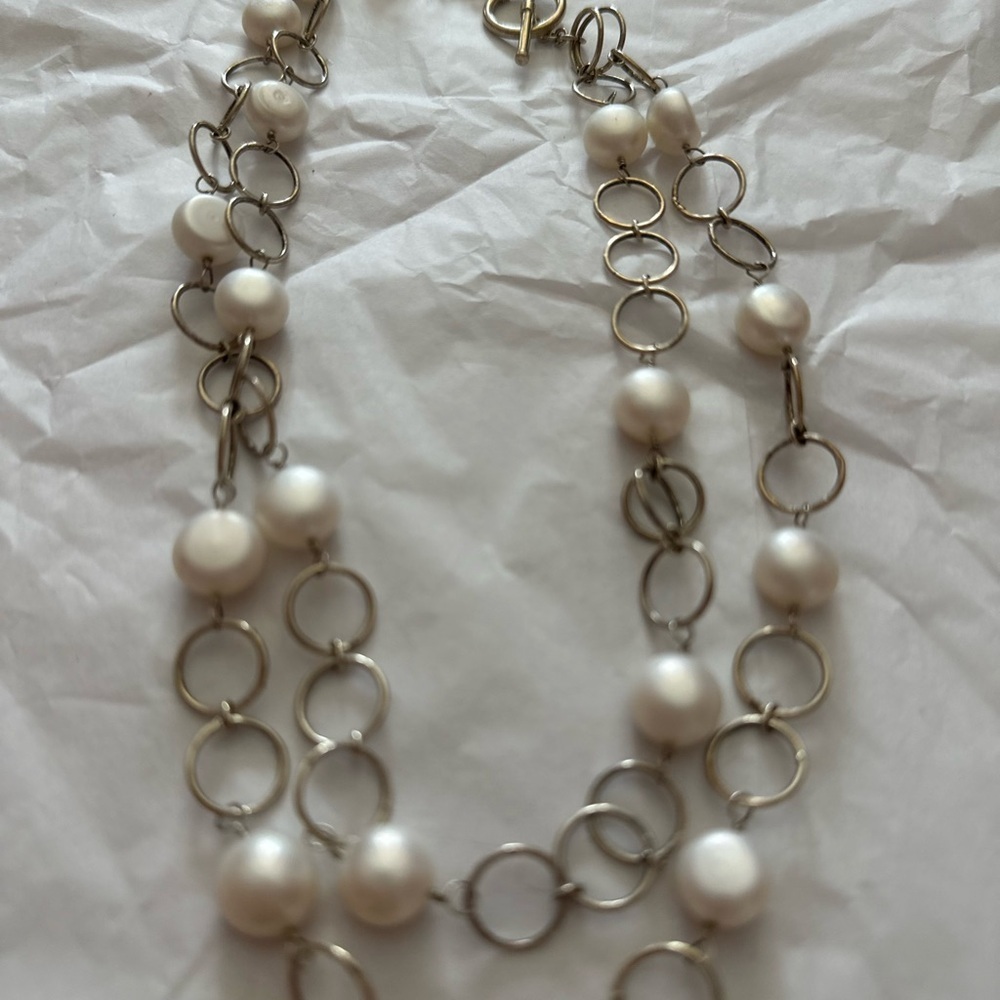 Chic Pearl and Silver Necklace double strand approx 16"